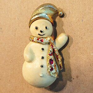 Rare Vintage Multicolored Snowman Christmas Brooch Pin Gold color scarf and Hat